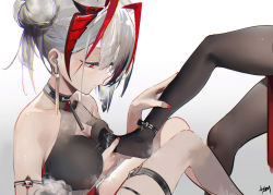 Rule 34 | 2girls, arknights, black hair, breasts, cleavage, cleavage cutout, closed mouth, clothing cutout, feet, female focus, grey hair, highres, large breasts, legs, multicolored hair, multiple girls, nail polish, omone hokoma agm, pantyhose, red eyes, red hair, red nails, streaked hair, thighs, w (arknights), yuri