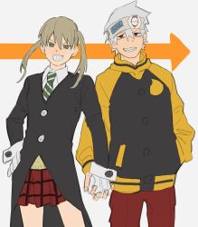Rule 34 | 1boy, 1girl, arrow (symbol), bad id, bad twitter id, bbbb fex, black jacket, gloves, green eyes, green necktie, headband, highres, holding hands, jacket, long coat, maka albarn, name connection, necktie, pants, red eyes, red pants, red skirt, sharp teeth, skirt, smile, soul eater, soul evans, striped necktie, teeth, twintails, two-tone hoodie, white background