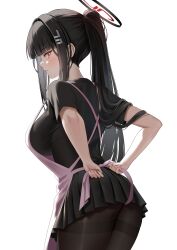 Rule 34 | 1girl, absurdres, alternate hairstyle, apron, black hair, black pantyhose, black shirt, black skirt, blue archive, blush, breasts, bright pupils, closed mouth, cowboy shot, eksldpf75, hair ornament, hairpin, halo, highres, large breasts, long hair, pantyhose, pink apron, pleated skirt, ponytail, red eyes, ringed eyes, rio (blue archive), shirt, short sleeves, simple background, skirt, solo, thighband pantyhose, white background, white pupils