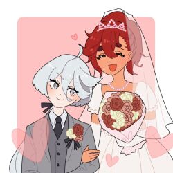Rule 34 | 2girls, ahoge, bouquet, bridal veil, bride, charinky, closed eyes, dark-skinned female, dark skin, dress, elbow gloves, female focus, flower, formal, gloves, grey eyes, groom, gundam, gundam suisei no majo, heart, holding, holding bouquet, jewelry, locked arms, long hair, miorine rembran, multiple girls, necklace, open mouth, pearl necklace, pink background, red hair, simple background, smile, suit, suletta mercury, thick eyebrows, tiara, veil, wedding, wedding dress, white dress, white gloves, white hair, wife and wife, yuri