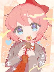 Rule 34 | 1girl, anzen robo (474zz), artist name, blue eyes, blush, border, bow, brown sweater vest, checkerboard cookie, chocolate chip cookie, closed mouth, collared shirt, commentary request, cookie, doki doki literature club, dress shirt, food, grey jacket, hair between eyes, hair bow, hands up, heart, holding, holding food, jacket, lapels, long sleeves, looking at viewer, mouth hold, neck ribbon, open clothes, open jacket, orange background, outline, outside border, pink hair, red bow, red ribbon, ribbon, sayori (doki doki literature club), school uniform, shirt, short hair, sidelocks, simple background, smile, solo, sweater vest, thumbprint cookie, twitter username, upper body, white border, white outline, white shirt, wing collar