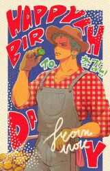 Rule 34 | 1boy, blue overalls, cartwheel, cowboy hat, cowboy shot, dark-skinned male, dark skin, earrings, english text, gloves, green hair, happy birthday, hat, holding, holding plant, jewelry, male focus, moss, nok (nok 1), one piece, overalls, parted lips, plant, potato, roronoa zoro, short hair, sideburns, single earring, sleeves rolled up, solo