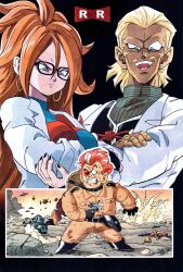 Rule 34 | 1girl, 2boys, absurdres, aged down, alternate universe, android 21, blonde hair, blue eyes, breasts, brown hair, checkered clothes, commentary, crossed arms, dr. gero (dragon ball), dragon ball, dragon ball fighterz, dragonball z, earrings, english commentary, explosion, highres, hoop earrings, jewelry, lab coat, large breasts, long hair, multiple boys, red (dragon ball), red hair, short hair, silverwoodwork, toriyama akira (style), uniform, vomi (dragon ball)