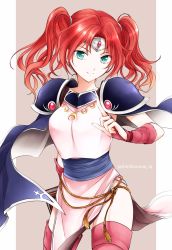 Rule 34 | 1girl, armor, cape, dress, fire emblem, fire emblem: hasha no tsurugi, gloves, green eyes, headband, highres, jemmy, long hair, nintendo, pink dress, red gloves, red hair, red thighhighs, shirokuroma 29, shoulder armor, side slit, simple background, smile, solo, thighhighs, twintails, zettai ryouiki