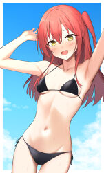 Rule 34 | 1girl, armpits, arms up, bare shoulders, bikini, black bikini, blue sky, blush, bocchi the rock!, breasts, cleavage, cloud, cloudy sky, day, hair between eyes, highres, kita ikuyo, long hair, looking at viewer, munemori (rknd2585), navel, one side up, open mouth, outdoors, red hair, side-tie bikini bottom, sky, small breasts, smile, solo, standing, sweat, swimsuit, yellow eyes