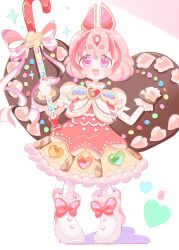 Rule 34 | 1girl, blush, boots, bow, bracelet, candy, candy cane, chai dame neee, cookie, dress, food, food-themed clothes, full body, gloves, heart, highres, holding, holding candy, holding candy cane, holding food, jewelry, looking at viewer, magia record: mahou shoujo madoka magica gaiden, mahou shoujo madoka magica, official alternate costume, open mouth, pink eyes, pink footwear, pink hair, puffy short sleeves, puffy sleeves, sawa sudachi, short hair, short sleeves, smile, solo, sparkle, standing, sweets, white gloves