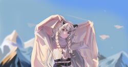 Rule 34 | 1girl, absurdres, animal ear fluff, animal ears, arknights, arms up, blanket, blue sky, blush, braid, bright pupils, day, grey eyes, grey hair, head tilt, highres, holding, holding blanket, jewelry, leopard ears, leopard girl, long hair, looking at viewer, mountain, necklace, outdoors, pramanix (arknights), side braids, sky, smile, solo, split mouth, sweater, tiara, turtleneck, turtleneck sweater, upper body, very long hair, white pupils, white sweater, ying wei jin inexistenec