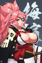 Rule 34 | 1girl, absurdres, artist name, baiken, breasts, cleavage, collarbone, eyebrows, eyepatch, guilty gear, highres, large breasts, lips, lipstick, long hair, long sleeves, looking at viewer, makeup, parted lips, pink eyes, pink hair, ponytail, ringed eyes, riz, sheath, sheathed, solo, sword, weapon