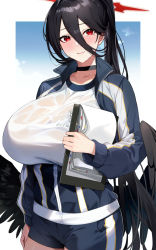 Rule 34 | 1girl, bird wings, black choker, black hair, blue archive, blue jacket, blue shorts, blue sky, blush, breasts, choker, clipboard, cowboy shot, hair between eyes, hasumi (blue archive), hasumi (track) (blue archive), highres, holding, holding clipboard, huge breasts, jacket, kouda hayato (e-gis), long hair, looking at viewer, mole, mole under eye, partially unzipped, pointy ears, red eyes, see-through, see-through shirt, shirt, shorts, simple background, sky, solo, sportswear, sweat, track jacket, wet, wet clothes, wet shirt, white background, white shirt, wings