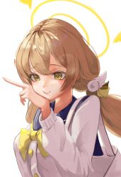 Rule 34 | 1girl, absurdres, backpack, bag, banpen, blonde hair, blue archive, bow, bowtie, cardigan, halo, hand on own cheek, hand on own face, hifumi (blue archive), highres, long hair, long sleeves, low twintails, school uniform, serafuku, smile, solo, twintails, upper body, v, wing hair ornament, yellow eyes