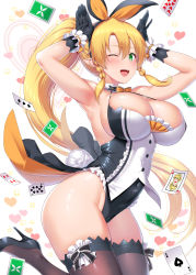 Rule 34 | 1girl, :d, animal ears, armpits, arms up, blonde hair, braid, breasts, capelet, card, cleavage, covered navel, detached collar, fairy, fake animal ears, gloves, green eyes, hair ribbon, heart, high heels, highres, jumping, kawase seiki, knees together feet apart, large breasts, leafa, leotard, long ears, long hair, neck ribbon, one eye closed, open mouth, playboy bunny, playing card, pointy ears, ponytail, rabbit ears, rabbit girl, rabbit pose, rabbit tail, ribbon, shiny skin, sidelocks, smile, solo, sparkle, sword art online, tail, thighhighs, thighs, very long hair, white background