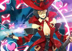 Rule 34 | 1girl, black hair, breasts, cleavage, electric guitar, guilty gear, guilty gear xrd, guitar, hat, i-no, instrument, makeup, red headwear, short hair, sunglasses, witch hat