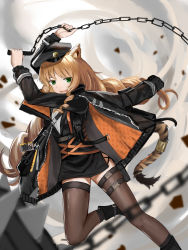 Rule 34 | 1girl, absurdres, animal ears, arknights, beret, black footwear, black hat, black jacket, black shirt, black thighhighs, boots, drill hair, dutch angle, fang, flail, foot out of frame, green eyes, hands up, hat, highres, holding, holding weapon, huijin zhi ling, jacket, jacket on shoulders, leg up, long hair, long sleeves, open clothes, open jacket, open mouth, orange hair, shirt, skin fang, solo, standing, standing on one leg, swire (arknights), tail, tail ornament, tail ring, thighhighs, tiger ears, tiger girl, tiger tail, weapon