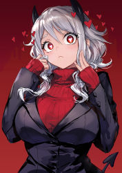 Rule 34 | 1girl, black horns, black suit, blush, breasts, demon girl, demon horns, demon tail, guchico, heart, heart-shaped pupils, helltaker, highres, horns, large breasts, long sleeves, looking at viewer, modeus (helltaker), red eyes, red sweater, ribbed sweater, shirt, short hair, solo, suit, sweater, symbol-shaped pupils, tail, turtleneck, white hair