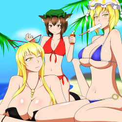 Rule 34 | 3girls, animal ears, beach, bikini, black bikini, blonde hair, blue bikini, blue sky, blush, bottle, breasts, brown hair, cat ears, chen, cloud, collarbone, day, dripping, food, green hat, hair ribbon, hand up, hat, highres, lactone, large breasts, leg up, lips, long hair, looking at another, looking at viewer, looking back, looking down, lotion bottle, lying, mouth hold, multiple girls, no tail, o-ring, o-ring bottom, ocean, on stomach, one eye closed, open bikini, open clothes, outdoors, popsicle, red bikini, ribbon, sexually suggestive, shiny skin, short hair, sideboob, skindentation, sky, small breasts, smile, summer, swimsuit, thighs, touhou, tree, underboob, very long hair, yakumo ran, yakumo yukari, yellow eyes