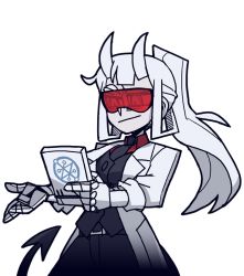 Rule 34 | 1girl, :/, bags under eyes, belt, black jacket, black necktie, black pants, breasts, buttons, closed mouth, coat, collared shirt, cowboy shot, demon girl, demon tail, female focus, formal, goggles, hair rings, half-closed eyes, hands up, helltaker, holding, holding tablet pc, horns, jacket, lab coat, long hair, long sleeves, looking down, loremaster (helltaker), mechanical arms, medium breasts, necktie, official art, open clothes, open coat, pants, pocket, ponytail, prosthesis, raised eyebrow, red-tinted eyewear, red-tinted glasses, red shirt, rimless eyewear, shirt, sidelocks, simple background, sleeves rolled up, solo, standing, suit, sunglasses, tablet pc, tail, tinted eyewear, transparent background, vanripper, visor, white coat, white hair