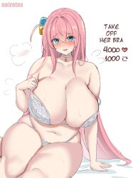 Rule 34 | 1girl, absurdres, artist name, blue eyes, blush, bocchi the rock!, bra, breasts, collarbone, english text, gotoh hitori, hair ornament, highres, huge breasts, long hair, looking at viewer, navel, noiretox, panties, pink hair, plump, solo, thick thighs, thighs, underwear, white background, white bra, white panties