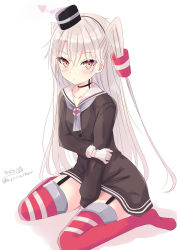 Rule 34 | 1girl, absurdres, amatsukaze (kancolle), black dress, brown eyes, dress, garter straps, gloves, hair tubes, highres, hizaka, kantai collection, long hair, long sleeves, red thighhighs, sailor collar, sailor dress, signature, simple background, sitting, solo, thighhighs, twitter username, two side up, wariza, white background, white gloves, white hair, white sailor collar, windsock