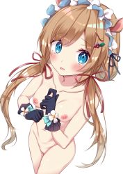 Rule 34 | 1girl, bare shoulders, black gloves, blue eyes, blush, breasts, brown hair, cleft of venus, collarbone, eli conifer, flower, fuji yoshida, gloves, headdress, highres, looking at viewer, low twintails, nijisanji, nipples, open mouth, pussy, red ribbon, ribbon, simple background, small breasts, solo, standing, stomach, thighhighs, twintails, uncensored, virtual youtuber, white flower