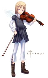 Rule 34 | blonde hair, boots, bow, bow (music), brown eyes, dress, instrument, long hair, original, sabamu, solo, sweater, viola (instrument), wings