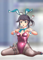 Rule 34 | 1girl, adapted costume, ahoge, animal ears, blue bow, blue bowtie, bow, bowtie, breasts, commentary request, detached collar, fake animal ears, fishnet pantyhose, fishnets, grey hair, hair ribbon, hayanami (kancolle), kantai collection, leotard, moke ro, pantyhose, playboy bunny, ponytail, purple leotard, rabbit ears, ribbon, sidelocks, sitting, small breasts, solo, strapless, strapless leotard, wariza, white ribbon, wrist cuffs, yellow eyes