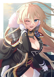 Rule 34 | 1girl, azur lane, bismarck (azur lane), blonde hair, blue eyes, breasts, cleavage, cleavage cutout, cloak, clothing cutout, fur, fur collar, fur trim, gloves, large breasts, long hair, looking at viewer, one eye closed, open mouth, skirt, solo, taki tohko, upper body, white gloves