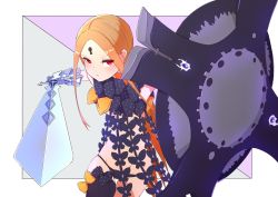Rule 34 | 1girl, :&lt;, abigail williams (fate), abigail williams (second ascension) (fate), blonde hair, blush, fate/grand order, fate (series), forehead, gauntlets, highres, holding, holding shield, holding sword, holding weapon, keyhole, kopaka (karda nui), long hair, looking at viewer, nail polish, panties, purple eyes, purple nails, purple panties, shield, single thighhigh, solo, sword, thighhighs, underwear, weapon