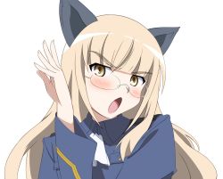 Rule 34 | 00s, 1girl, animal ears, blonde hair, blush, glasses, long hair, perrine h. clostermann, solo, strike witches, transparent background, tsundere, vector trace, world witches series, yellow eyes