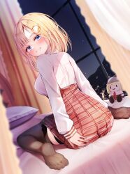 Rule 34 | 1girl, black shorts, blue eyes, blurry, blurry background, blush, breasts, brown skirt, collared shirt, deerstalker, feet, hair ornament, hat, high-waist skirt, highres, hololive, hololive english, large breasts, looking at viewer, necktie, on bed, pillow, plaid, plaid skirt, red necktie, shirt, shishou (doragyurosu), short hair, short necktie, shorts, sitting, skirt, smile, smol ame, thighhighs, virtual youtuber, wariza, watson amelia, watson amelia (1st costume), white shirt, window
