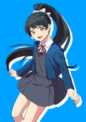 Rule 34 | 1girl, :d, black hair, blue background, blue jacket, bow, collared shirt, dress, floating hair, grey dress, hair bow, hazuki ren, jacket, long hair, long sleeves, looking at viewer, love live!, love live! superstar!!, mug4000, neck ribbon, open clothes, open jacket, open mouth, pinafore dress, ponytail, red ribbon, ribbon, school uniform, shirt, short dress, sleeveless dress, smile, solo, very long hair, white bow, white shirt, wing collar, yellow eyes, yuigaoka school uniform
