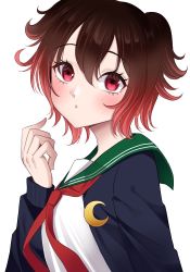 Rule 34 | 1girl, blue jacket, brown hair, commentary request, crescent, crescent pin, gradient hair, green sailor collar, jacket, kantai collection, looking at viewer, multicolored hair, mutsuki (kancolle), mutsuki kai ni (kancolle), neckerchief, red eyes, red hair, red neckerchief, sailor collar, school uniform, serafuku, short hair, simple background, solo, upper body, white background, yomogi dango