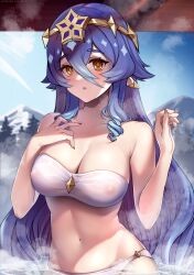 Rule 34 | 1girl, absurdres, azumane kanna, bandeau, bare arms, bare shoulders, bikini, blue hair, blue sky, breasts, brown eyes, circlet, cleavage, commentary request, covered erect nipples, day, genshin impact, hair between eyes, highres, large breasts, layla (genshin impact), long hair, looking at viewer, mountain, navel, sidelocks, sky, solo, steam, stomach, strapless, strapless bikini, swimsuit, tube top, upper body, very long hair, water, white bikini