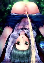 1girl anus ass bent_over clothes_pull green_eyes green_hair highres hiiro_(pixiv70726157) looking_at_viewer looking_through_own_legs open_mouth outdoors peeing pussy shorts shorts_pull solo touhou uncensored wriggle_nightbug