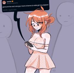 Rule 34 | 1girl, 2others, absurdres, bare shoulders, black eyes, blush, breasts, cellphone, cleavage, collarbone, dress, english text, hair bun, highres, holding, holding phone, looking down, medium breasts, megrocks, multiple others, off-shoulder dress, off shoulder, orange dress, orange hair, original, phone, polka dot, polka dot dress, sidelocks, single hair bun, smartphone, solo focus, speech bubble, twitter