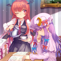 Rule 34 | 2girls, black skirt, black vest, blue bow, blunt bangs, blush, book, book stack, bow, breasts, closed eyes, commentary request, crescent, crescent pin, cup, demon wings, hair bow, hand on own face, hat, hat bow, head wings, holding, koakuma, long hair, looking at another, medium breasts, mob cap, multiple girls, necktie, one eye closed, open book, painting (object), parted lips, patchouli knowledge, plate, purple hair, red bow, red eyes, red hair, red neckwear, shirt, skirt, striped, striped background, susugi, table, teacup, teapot, touhou, very long hair, vest, white shirt, wings