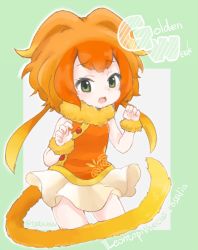 Rule 34 | 10s, 1girl, bare arms, beige skirt, blonde hair, blush, character name, claw pose, collar, contrapposto, cowboy shot, d:, english text, eyebrow twitching, eyelashes, floral print, fur collar, golden lion tamarin (kemono friends), golden week, gradient hair, green background, green eyes, grey background, hair intakes, hands up, kemono friends, long hair, long tail, looking at viewer, low twintails, monkey tail, multicolored background, multicolored hair, nose blush, open mouth, orange hair, orange shirt, outline, pun, scientific name, shirt, skirt, sleeveless, sleeveless shirt, solo, standing, tail, tatsuno newo, tsurime, twintails, twitter username, two-tone background, wavy hair, white outline, wristband
