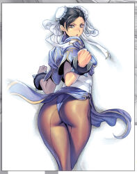 Rule 34 | 1girl, :o, ass, back-seamed legwear, black hair, bracelet, brown pantyhose, bun cover, capcom, china dress, chinese clothes, chun-li, clenched hands, commentary request, crossed legs, double bun, dress, earrings, fighting stance, foreshortening, from behind, hair bun, highres, homare (fool&#039;s art), jewelry, legs, looking at viewer, looking back, open mouth, outstretched arms, pantyhose, pelvic curtain, photoshop (medium), ribbon, sash, seamed legwear, short dress, short hair, simple background, solo, spiked bracelet, spikes, spread arms, standing, street fighter, swept bangs, thick thighs, thighs, wind, wind lift