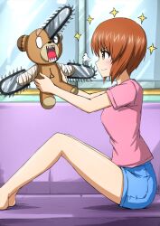 Rule 34 | 1girl, bandages, barefoot, blue shorts, blush, boko (girls und panzer), brown eyes, brown hair, chainsaw, chainsaw man, closed mouth, commentary, couch, from side, girls und panzer, highres, holding, holding stuffed toy, indoors, loungewear, nishizumi miho, omachi (slabco), on couch, pink shirt, sharp teeth, shirt, short hair, short shorts, short sleeves, shorts, sitting, smile, snort, solo, sparkle, stuffed animal, stuffed toy, t-shirt, teddy bear, teeth, window