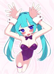 Rule 34 | 1girl, alternate costume, aqua hair, arms up, banananosongen, blue eyes, blunt bangs, blush stickers, bow, bowtie, breasts, cleavage, commentary request, cropped legs, detached collar, embarrassed, foreshortening, grey pupils, hands up, hatsune miku, highleg, highleg leotard, highres, jitome, large breasts, leotard, long hair, looking at viewer, open mouth, outline, pink background, playboy bunny, purple bow, purple bowtie, purple leotard, rabbit pose, raised eyebrows, solo, sweat, thigh strap, vocaloid, white outline, wrist cuffs