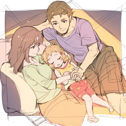 Rule 34 | 10s, 1boy, 2girls, aged down, barefoot, brown eyes, brown hair, cargo shorts, child, closed eyes, family, father and daughter, holding hands, husband and wife, long hair, mother and daughter, multiple girls, murakami hisashi, pillow, sandwiched, senki zesshou symphogear, short hair, shorts, sleeping, smile, tachibana akira (symphogear), tachibana hibiki (symphogear)