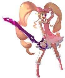 Rule 34 | 1girl, blue eyes, dress, harime nui, holding, holding weapon, kill la kill, pink dress, rr (suisse200), smile, standing, weapon