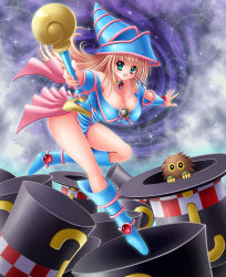 Rule 34 | 1girl, artist request, blonde hair, boots, breasts, dark magician girl, duel monster, green eyes, hat, highres, jewelry, kuriboh, large breasts, long hair, monster, open mouth, skirt, smile, solo, wizard hat, yu-gi-oh!, yuu-gi-ou, yu-gi-oh! duel monsters