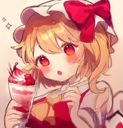 Rule 34 | 1girl, :o, arms up, blonde hair, blush, chikuwa (tikuwaumai ), commentary, commentary request, cup, fingernails, flandre scarlet, hat, hat ribbon, head tilt, heart, heart-shaped pupils, holding, holding cup, holding spoon, looking to the side, mob cap, one side up, parfait, pink background, puffy short sleeves, puffy sleeves, red eyes, red vest, ribbon, shirt, short hair, short sleeves, simple background, sketch, solo, sparkle, spoon, standing, symbol-only commentary, symbol-shaped pupils, touhou, upper body, vest, white hat, white shirt, yellow neckwear