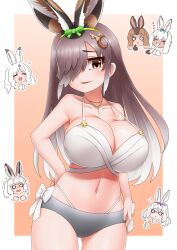 Rule 34 | 6+girls, alternate breast size, animal ears, arctic hare (kemono friends), arm at side, bikini, border, bow, bow bikini, bow hairband, breast envy, breasts, brown eyes, brown hair, chibi, cleavage, closed eyes, collarbone, cowboy shot, crescent, crescent hair ornament, dark-skinned female, dark skin, eating, european hare (kemono friends), extra ears, food, food in mouth, furrowed brow, gluteal fold, green bow, grey hair, hair ornament, hair over one eye, hairband, hand on own chin, hand on own hip, heart, highres, holding, holding food, huge breasts, japanese hare (kemono friends), jewelry, kemono friends, kemono friends 3, layered bikini, layered clothes, legs apart, long bangs, long hair, looking at another, looking at viewer, mochi, mountain hare (kemono friends), multicolored hair, multiple girls, navel, o o, official alternate costume, outside border, parted bangs, parted lips, pendant, pointing, pointing at another, rabbit ears, skindentation, smile, snowshoe hare (kemono friends), solo focus, stomach, strap gap, swimsuit, trembling, tsukuyomi shinshi (kemono friends), two-tone hair, very long hair, white border, white bow, white hair, yonkuron