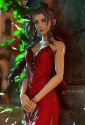 Rule 34 | 1girl, 3d, absurdres, aerith gainsborough, bare arms, bracelet, breasts, brown hair, cleavage, curly hair, dress, elenachatnoir, final fantasy, final fantasy vii, final fantasy vii remake, flower, green eyes, hair flower, hair ornament, hair ribbon, highres, jewelry, leaf, long hair, makeup, medium breasts, nail polish, necklace, official alternate costume, own hands together, parted bangs, red dress, red flower, red nails, red ribbon, ribbon, sidelocks, smile, solo, square enix, wall market