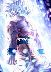 Rule 34 | 1boy, aura, bracer, closed mouth, dragon ball, dragon ball super, from behind, grey eyes, looking at viewer, looking back, male focus, mattari illust, muscular, orange pants, pants, silver hair, solo, son goku, spiked hair, standing, torn clothes, ultra instinct