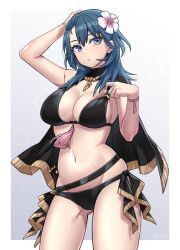 Rule 34 | 1girl, arm up, bikini, black bikini, black cape, blue eyes, blue hair, breasts, byleth (female) (fire emblem), byleth (fire emblem), cape, cleavage, commentary, cowboy shot, fire emblem, fire emblem: three houses, fire emblem heroes, flower, hair flower, hair ornament, hand up, large breasts, long hair, navel, nintendo, official alternate costume, shinae, solo, standing, stomach, swimsuit, thighs