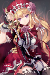 Rule 34 | 1girl, arm garter, black thighhighs, blonde hair, bow, cape, center frills, cinia pacifica, comet (teamon), dress, flower, frilled dress, frills, hat, holding, komes, layered dress, long hair, lowres, pink eyes, pleated dress, ribbon, rose, saber (weapon), seiza, sitting, solo, sword, sword girls, thighhighs, very long hair, weapon