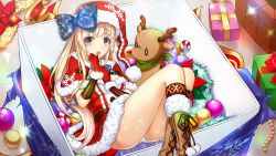 Rule 34 | 1girl, blonde hair, boots, bow, box, brown footwear, candy, candy cane, flower, food, fur trim, gift, gloves, hair bow, hat, in box, in container, kidou senshachiha tan x, long hair, official art, open mouth, ornament, poinsettia, red gloves, santa costume, santa hat, solo, stuffed animal, stuffed reindeer, stuffed toy, sweatdrop