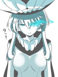Rule 34 | 10s, 1girl, abyssal ship, aqua theme, arms at sides, bad id, bad nicoseiga id, blue eyes, blue theme, bodysuit, breasts, cape, glowing, glowing eye, headgear, kantai collection, long hair, looking at viewer, masupa kiriu, monochrome, pale skin, parted lips, short hair, silver hair, simple background, solo, upper body, white background, wo-class aircraft carrier